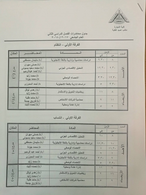 جدول محاضرات الفرقة الأولي - الفصل الدراسي الثانى 2017/2018